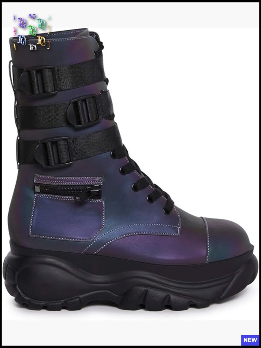 Chunky Platform Combat Boots with Zipper Pockets & Buckled Straps – Calf High - Picture 1 of 5